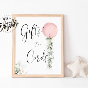 Sinal de cartões e presentes de balão aquarela rosa, suculentas de eucalipto botânico, decoração de chá de bebê de menina, balão de vegetação, sinal de mesa de presente