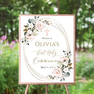 Blush Pink Floral Communion Welcome Sign, First Holy Communion, Pink Cross, Gold Frame, Girl, Communion Decor, Template, Floral Frame