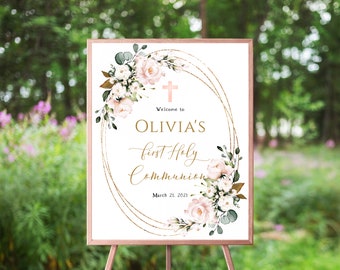 Blush Pink Floral Kommunion Willkommen Zeichen, erste Heilige Kommunion, Rosa Kreuz, Goldrahmen, Mädchen, Kommunion Dekor, Vorlage, Blumenrahmen