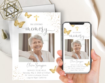 May include: A white memorial card with a gold cross and butterflies. The card has a photo of a woman and the text "In loving memory Olivia Sampson Service to be held Saturday, May 2, 2020 at 11:00am St. John's Lutheran Church Laguna Nigel, California".