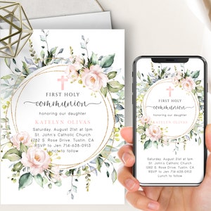 Pink Floral Communion Phone Evite+Printable Invite, First Holy Communion, Botanical Greenery, Gold Frame, 1st, Girl, Blush Pink Roses