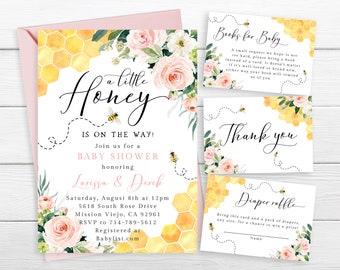 Pink Floral Honey Bee Baby Shower Invite Set, A Little Honey, Blush Pink Floral Greenery, Honey Bee, Baby Girl Invitation, Template
