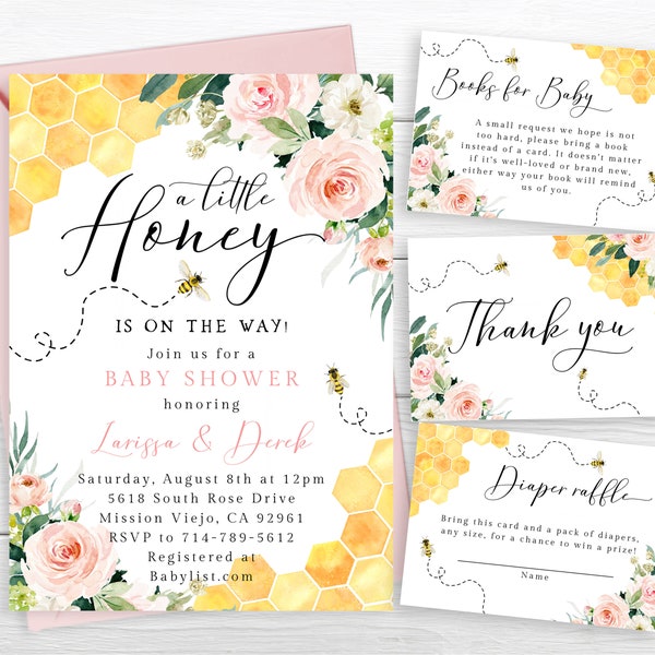 Pink Floral Honey Bee Baby Shower Invite Set, A Little Honey, Blush Pink Floral Greenery, Honey Bee, Baby Girl Invitation, Template