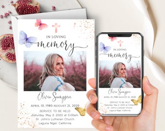 Butterflies Celebration Of Life, In Loving Memory, Phone Evite+Printable, Gold Pink Purple, Memorial Announcement, Gold Cross, Watercolor