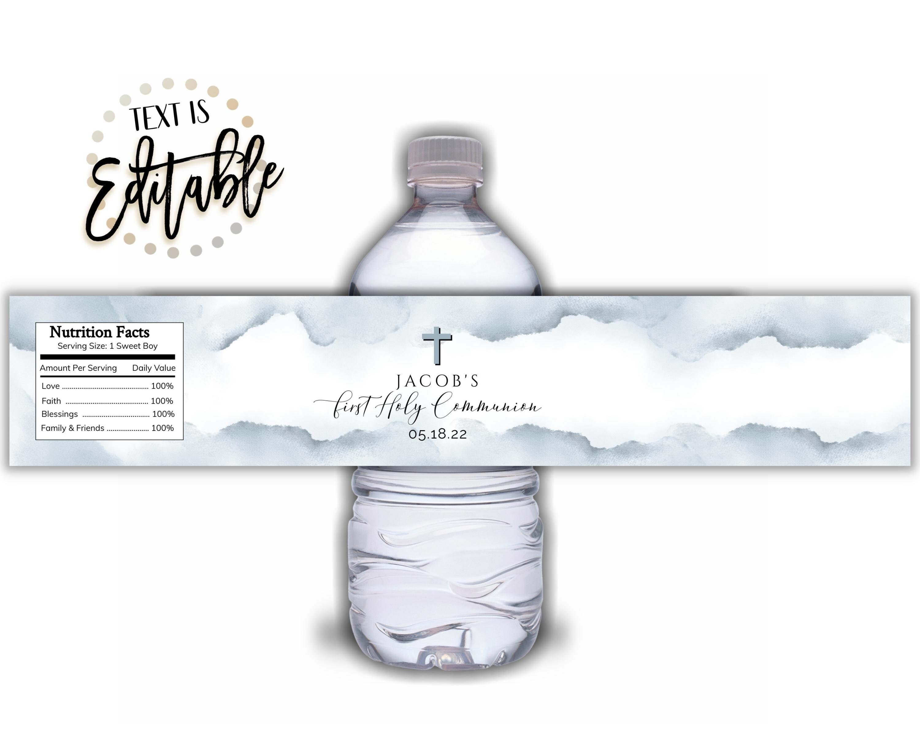 Communion Water Bottle Labels, ANY Occasion, Dusty Blue Watercolor Splash, First Holy Communion, Boy Baptism, Cross, Self Editable