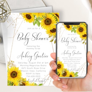 Sunflowers Baby Shower Smartphone Invite, Gold Frame Sunflower Evite, Electronic Digital Invitation, Yellow Floral, Baby Girl, Boho Ch80