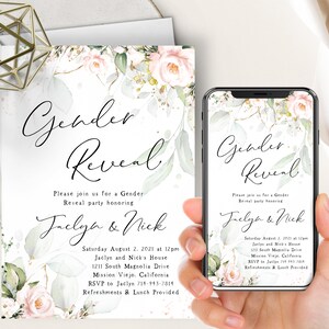 Rosa Blumen Greenery Geschlecht offenbaren Telefon Einladung + Printable einladen, Gold Eukalyptus Sukkulenten, Junge oder Mädchen, botanische Boho, Er oder sie Party