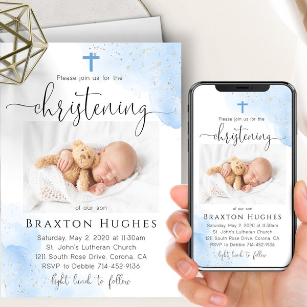 Blue Watercolor Christening Phone Evite+Printable Invite, Silver Glitter, Insert Photo, Boy Baptism Dedication, Electronic, Blue Cross