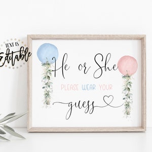 Use su signo de adivinación, actividad de revelación de género, globos verdes rosados y azules, él o ella, juego de niño o niña, suculentas de eucalipto boho, oro