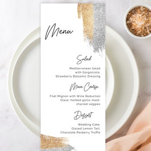 Hochzeitsmenü Vorlage, Silber und Gold Aquarell Splash, Abstrakt Minimalistisch, Tee Länge, DIY Bearbeitbar, Printable, Moderne Kalligraphie