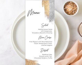 Wedding Menu Template, Silver And Gold Watercolor Splash, Abstract Minimalist, Tea Length, DIY Editable, Printable,Modern Calligraphy