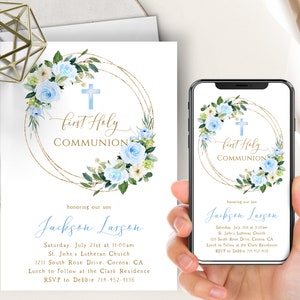 Blue Floral Communion Phone Evite+Printable Invite, First Holy Communion, Light Blue Flowers, Gold Frame, 1st, Boy, Digital, Template