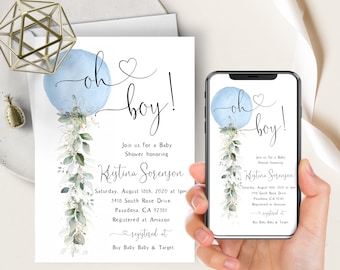 Blue Balloon Greenery Baby Shower Phone Evite+Printable Invite, Oh Boy, Botanical Eucalyptus, Greenery Gold Succulents, Electronic Invite