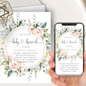 Baby Brunch Phone Evite+Printable Invite, Botanical Floral Greenery, Gold Frame, Blush Pink Watercolor Roses, Eucalyptus Succulents, Boho
