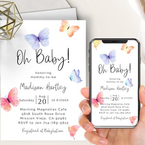 Butterfly Baby Shower Phone Evite+Printable Invite, Electronic Digital, Pink Purple Orange Butterflies, Girl, Minimalist, Simple, Watercolor