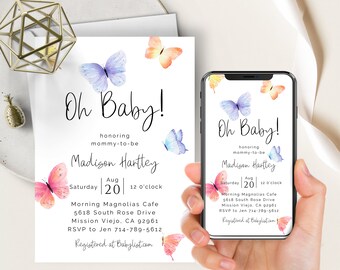 May include: A baby shower invitation with a watercolor butterfly design. The invitation is for Madison Hartley and is set for August 20th at 12 o'clock at Morning Magnolias Cafe. The address and RSVP information are included.