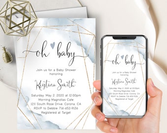 Dusty Blue Watercolor Baby Shower Phone Evite+Printable Invite, Blue Heart, Oh Baby, Watercolor Splash, Simple, Boho, Gold Frame, Electronic