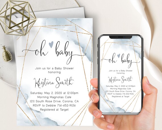 Dusty Blue Watercolor Baby Shower Phone Eviteprintable Etsy