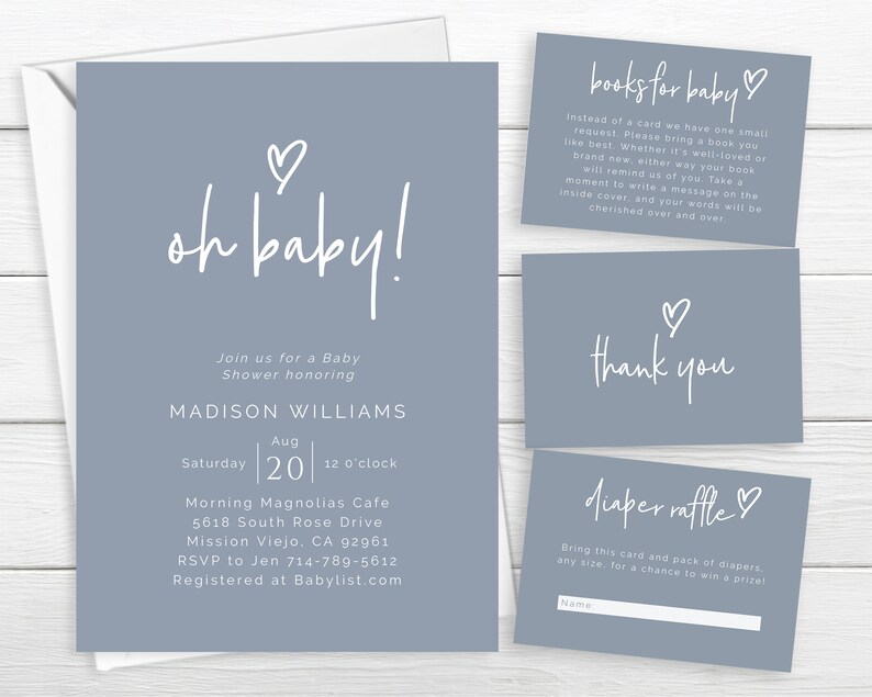 May include: A blue baby shower invitation with white text that says "oh baby!" and includes details for the event, including the name Madison Williams, the date, time, and location. There are also three smaller cards with white text on a blue background that say "books for baby", "thank you", and "diaper raffle".