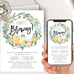 Baby Is Brewing Gender Reveal Phone Evite+Printable Invite, Beer, Tea, Baby Bottle, Eucalyptus Greenery, Reveal Party Invitation, Template