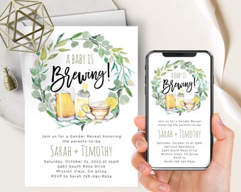 May include: A gender reveal invitation with a green leafy wreath and a baby bottle, a beer mug, and a teacup with a lemon slice. The text reads "A Baby is Brewing!" and includes the names Sarah and Timothy, the date and time of the event, and the address.
