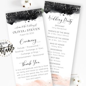 May include: Black and white wedding programme with gold glitter accents. The programme includes the ceremony order, wedding party, and a thank you message. The text is editable.