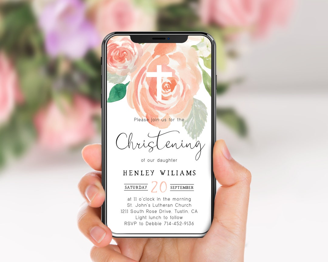 Electronic Christening Invitation Girl, Peach Floral Baptism Invite, Cross, Evite, Digital