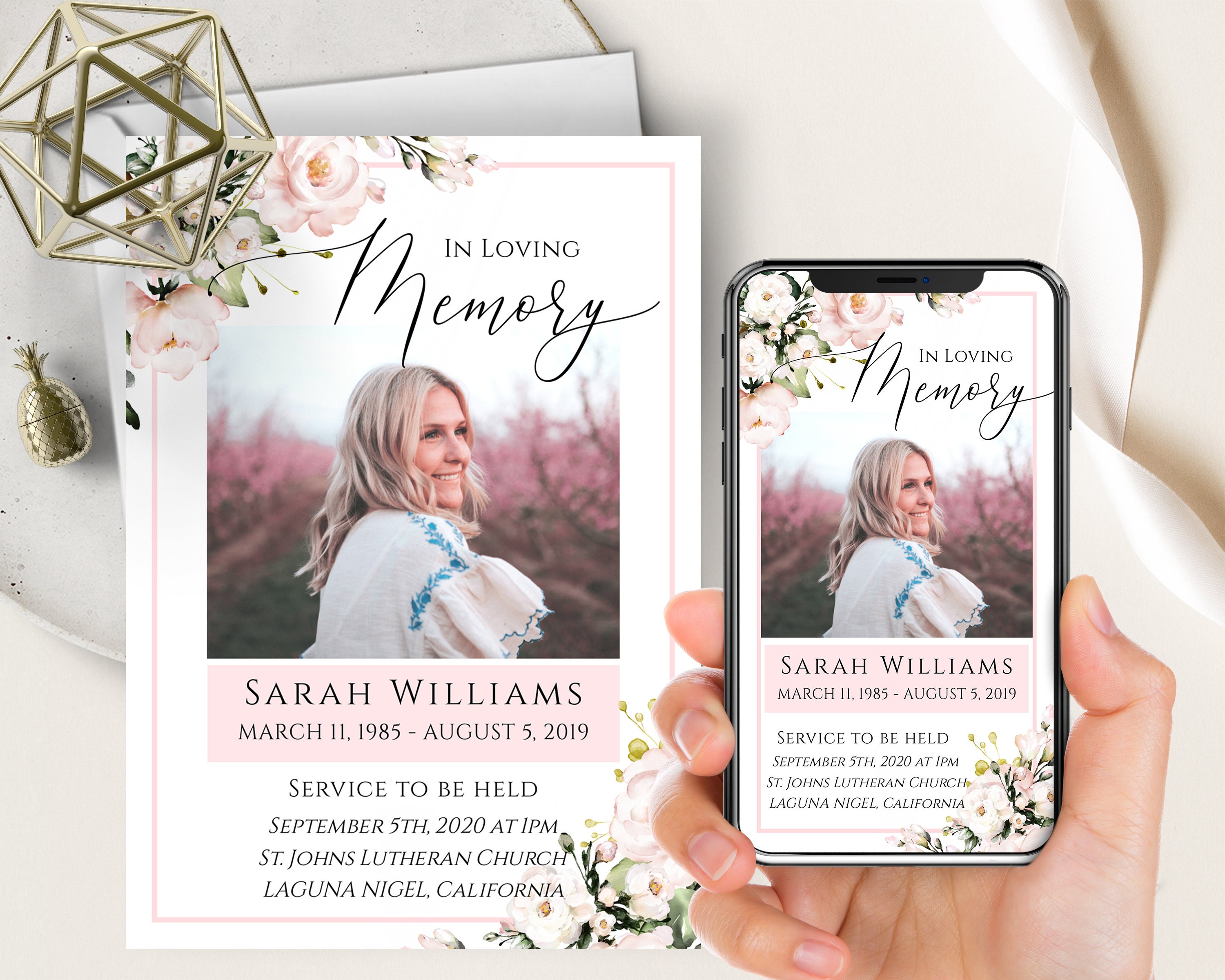 Pink Floral Memorial Announcement Evite+Printable, Blush Pink Floral Watercolor, Photo Insert, Funeral For Women, Text Message Invitation