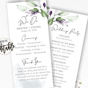 Può includere: Un programma di cerimonia di matrimonio con un design floreale ad acquerello in tonalità di verde e viola. Il programma include i nomi Kristen e Steven, la data 24 agosto 2021 e l'ordine della cerimonia. Il testo "Text is Editable" è in un cerchio sul lato sinistro della pagina.