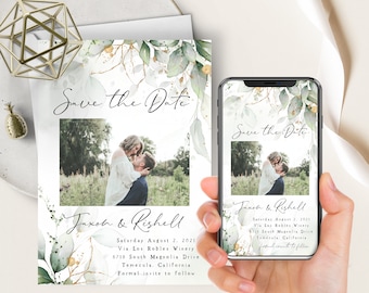 May include: Save the Date card with a watercolor background of green leaves and gold accents. The card features a photo of a couple and the text "Jaxsh & Rishell" with the date, location, and a note that a formal invitation will follow.