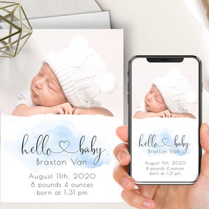Modèle de photo d'annonce de naissance, bébé garçon, aquarelle bleue, téléphone Ecard + imprimable, annonce de naissance, coeur, numérique, Evite, électronique