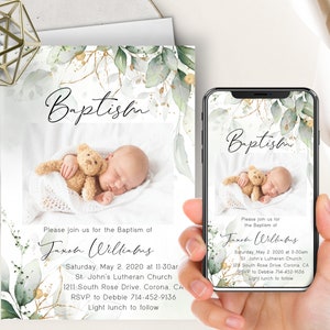 Gold Greenery Baptism Phone Evite+Printable Invite, Girl Or Boy, Botanical Succulents Eucalyptus, Christening, Digital Electronic, Bohemian