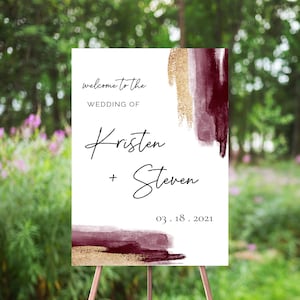 Burgundy Gold Wedding Welcome Sign, Watercolor Splash, Abstract Minimalist, Gold Glitter, Minimalism, Modern Calligraphy, Welcome Poster