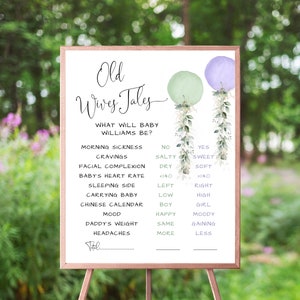 Sage and Lavender Old Wives Tales Sign, 3 Sizes Included, Green and Purple Watercolor Balloons, Botanical Eucalyptus Greenery, Gender Reveal