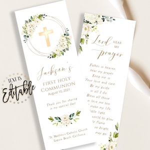 White Floral First Communion Prayer Card Template, Bookmark, Girl, Boy, Gold Cross, Gold Frame, Keepsake, First Holy, Favors, Baptism