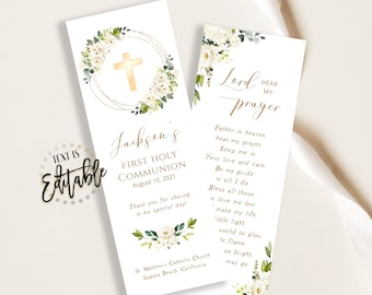 White Floral First Communion Prayer Card Template, Bookmark, Girl, Boy, Gold Cross, Gold Frame, Keepsake, First Holy, Favors, Baptism