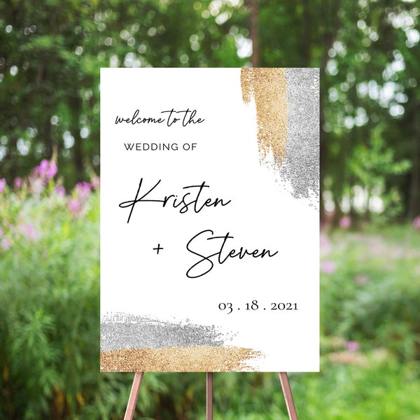 Gold & Silver Wedding Welcome Sign, Sparkle Watercolor Splash, Abstract Minimalist, Gold Silver Glitter, Minimalism, Modern Calligraphy