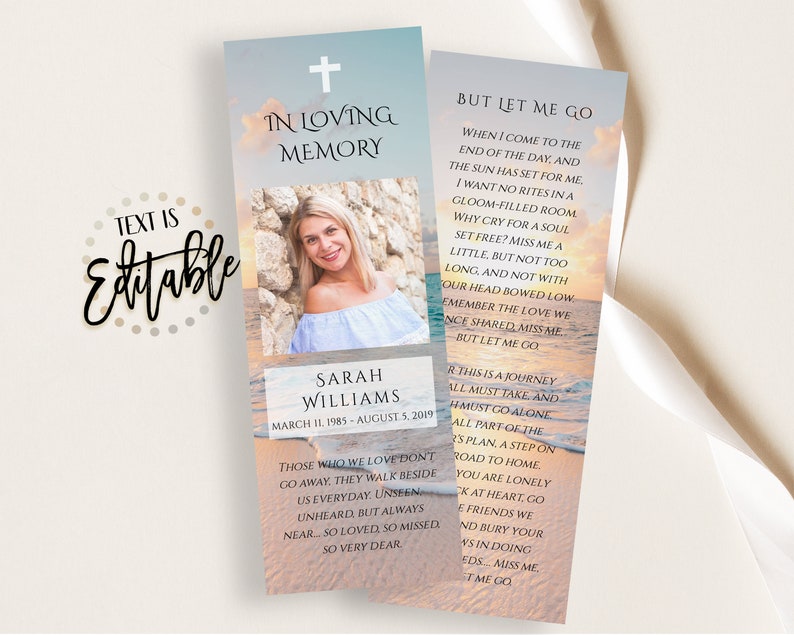 funeral bookmark template sunset ocean beach printable etsy