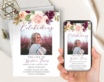 Marsala Floral Celebration Of Life Invite, Printable+Phone Invite, Burgundy Blush Pink Floral, Funeral Memorial Announcement For Women,Evite