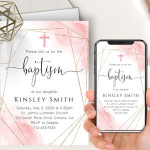 Pink Watercolor Baptism Phone Evite+Printable Invite, Blush Pink Watercolor, Pink Cross, Christening Invite, Electronic Invite, Gold Frame