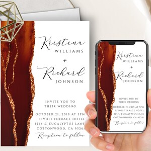 Burnt Orange Wedding Phone Evite+Printable Invite, Terracotta, Agate Geode Watercolor, Electronic Digital, Modern, Minimalist, Template