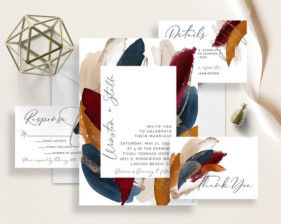 Navy Burgundy Abstract Modern Wedding Invite, Terracotta and Gold Watercolor, Burnt Orange, Organic Shapes, Ivory Beige Wedding Invitation