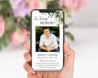 Electronic Memorial Announcement, Greenery Eucalyptus, Digital Funeral Invite, Boho Succulents, Evite, Text Message Invitation