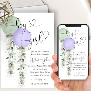 Sage and Lavender Gender Reveal Phone Evite+Printable Invite, Green & Purple Balloons, Boy Or Girl, Botanical Eucalyptus Greenery, Printable