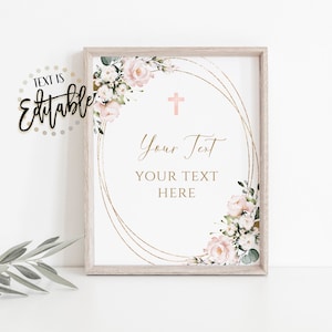 Pink Floral Communion Sign, Editable 8x10 Sign, First Holy Communion, Pink Cross, Gold Frame, Girl, Communion Decor, Template, Floral Frame