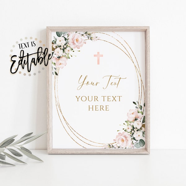 Pink Floral Communion Sign, Editable 8x10 Sign, First Holy Communion, Pink Cross, Gold Frame, Girl, Communion Decor, Template, Floral Frame