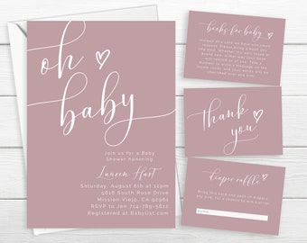 Dusty Pink Baby Shower Invitation, Dusty Rose, Oh Baby, Minimalist Invite, Modern Boho Chic, Girl Baby Shower, Simple, Heart, Muave