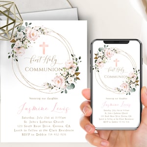 Pink Floral Communion Phone Evite+Printable Invite, First Holy Communion, Blush Pink Floral, Gold Frame, 1st, Girl, Electronic,Digital