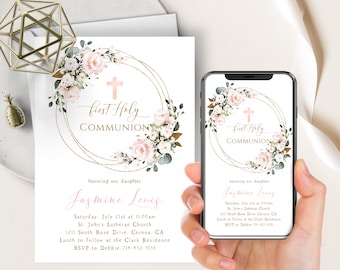 May include: First Holy Communion invitation featuring a floral wreath with pink roses and greenery, a pink cross, and gold accents. The invitation includes the text "first Holy Communion" and event details.