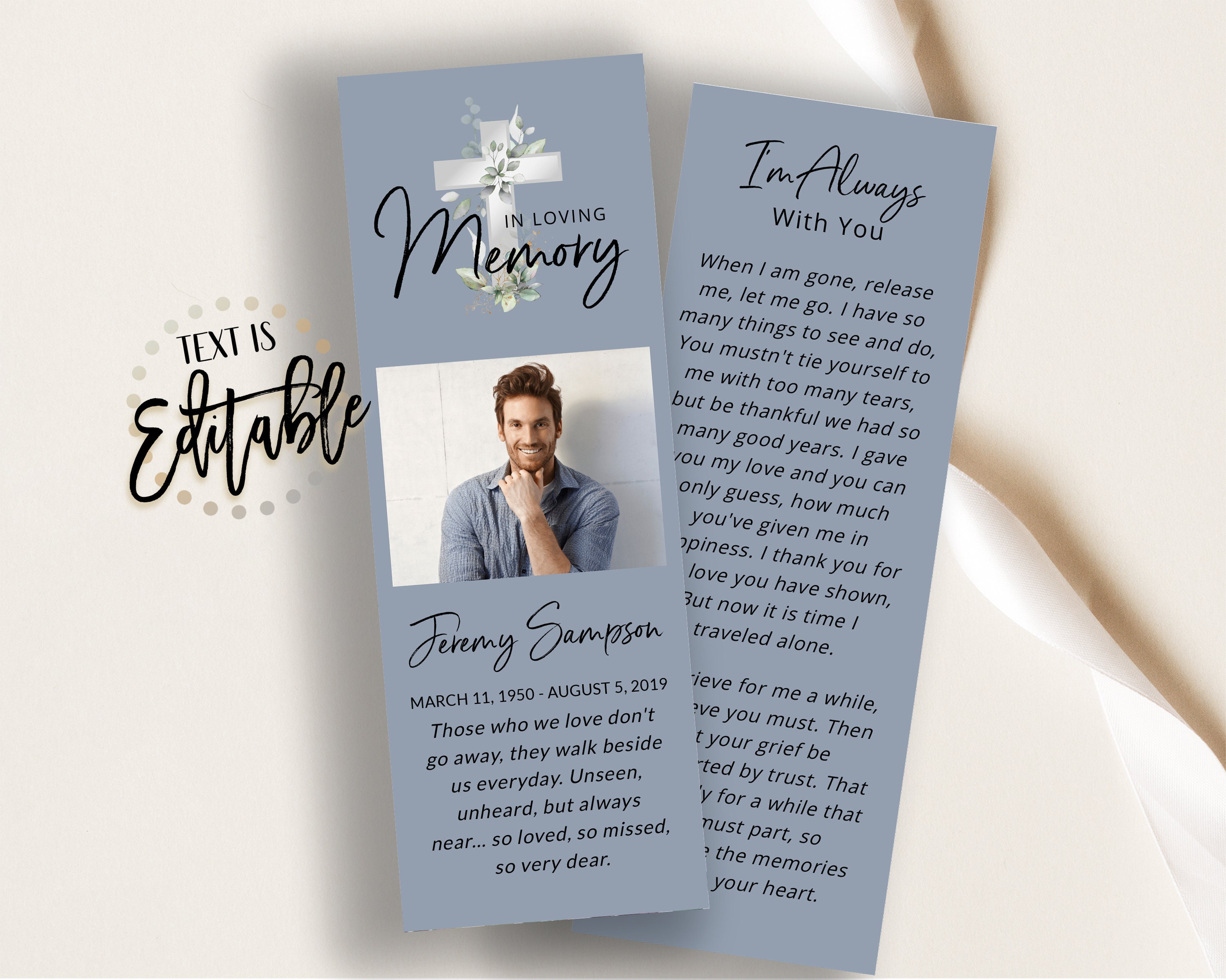 Plantilla de marcador de funeral de vegetación, cruz de plata, marcadores de celebración de la vida, tarjetas de recuerdo, tarjeta conmemorativa para el recuerdo, azul, masculino